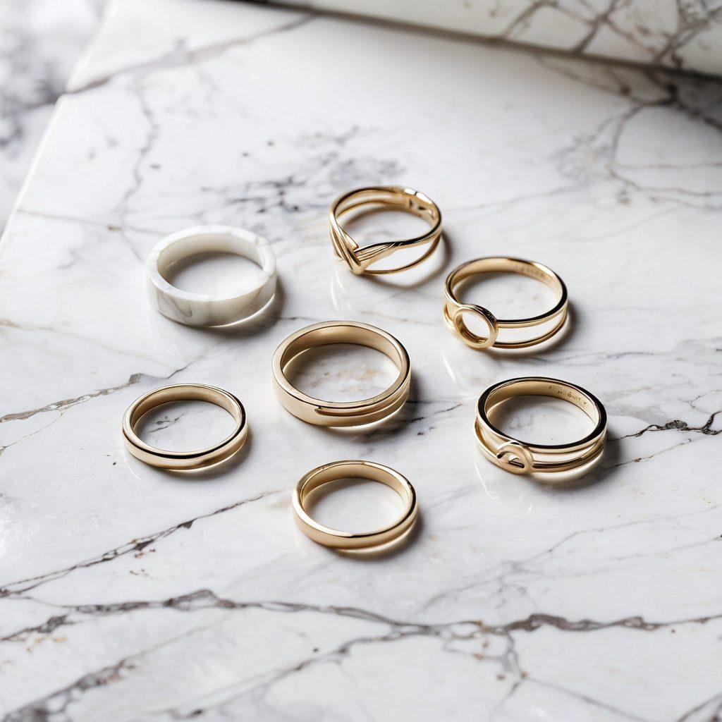 A collection of elegant minimalist rings displayed on a sleek, white marble surface. Each ring should vary in design - some featuring delicate bands, others with subtle geometric shapes, all showcasing a polished finish. Soft natural light casts gentle shadows, enhancing the refined simplicity of the rings. A few hand-drawn illustrations of rings in the background add an artistic touch. super-realistic. vibrant colors. white background.