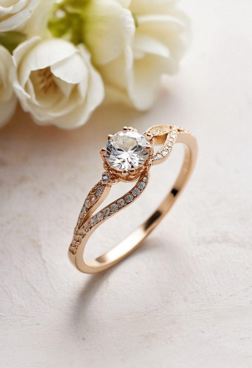 An elegant collection of minimalist rings displayed on a soft, textured surface, showcasing a blend of bridal and vintage styles. The rings should feature delicate metals, simple yet sophisticated designs, and subtle gemstones. Soft natural lighting accentuates their beauty, with a blurred, dreamy background of lace and flowers. The overall feel should evoke a sense of timeless elegance and romance. super-realistic. soft colors. white background.