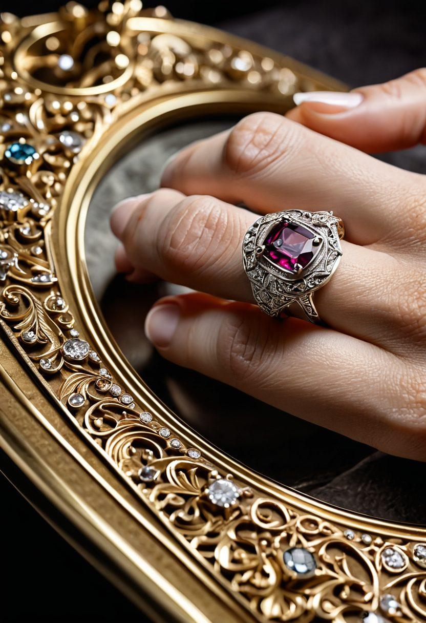 A close-up of a beautifully designed handcrafted ring, showcasing intricate details and personalized engravings. Surround the ring with an assortment of elegant materials like velvet, gemstones, and delicate tools, evoking a sense of artistry and craftsmanship. Soft, warm lighting highlights the ring's allure and uniqueness. Include an artist's hands delicately working on a new design in the background. super-realistic. vibrant colors. elegant atmosphere.